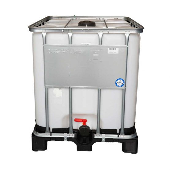 1000 ltr IBC container with 3" outlet valve. Steel frame and plastic