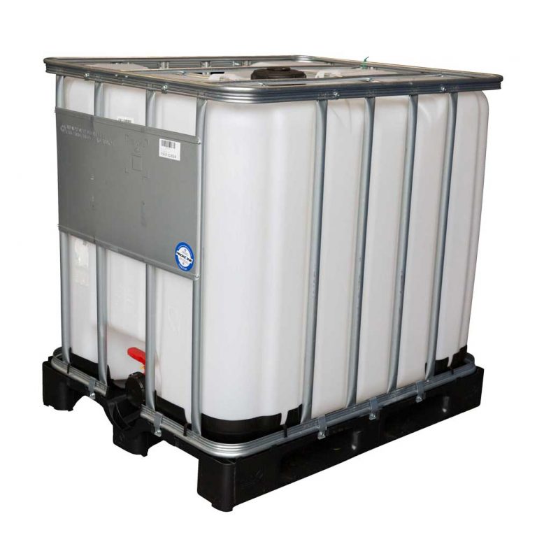 1000 ltr IBC container with 3" outlet valve. Steel frame and plastic